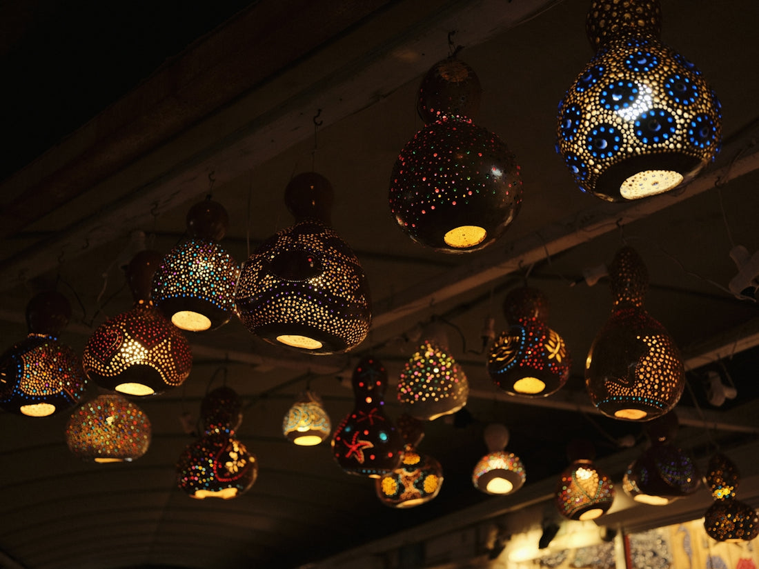 Decorative lamps hang from the ceiling.