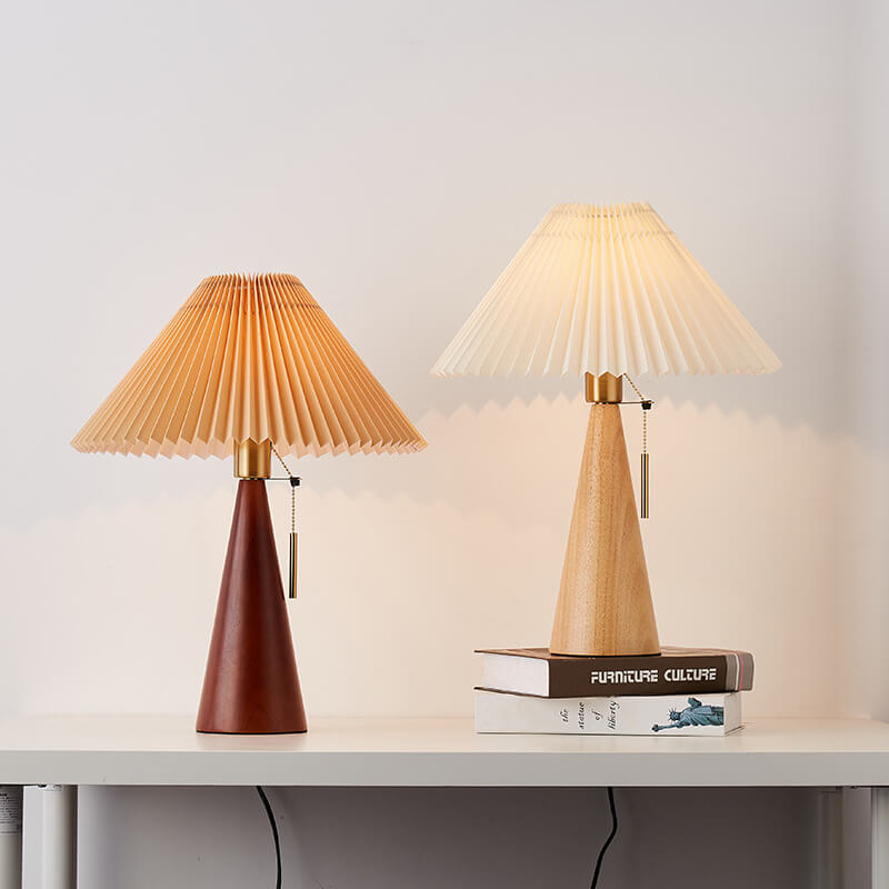Lampe de table LED en bois et tissu plissé – style japonais