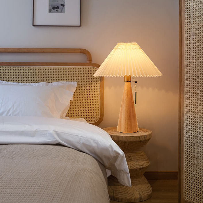 Lampe de table LED en bois et tissu plissé – style japonais