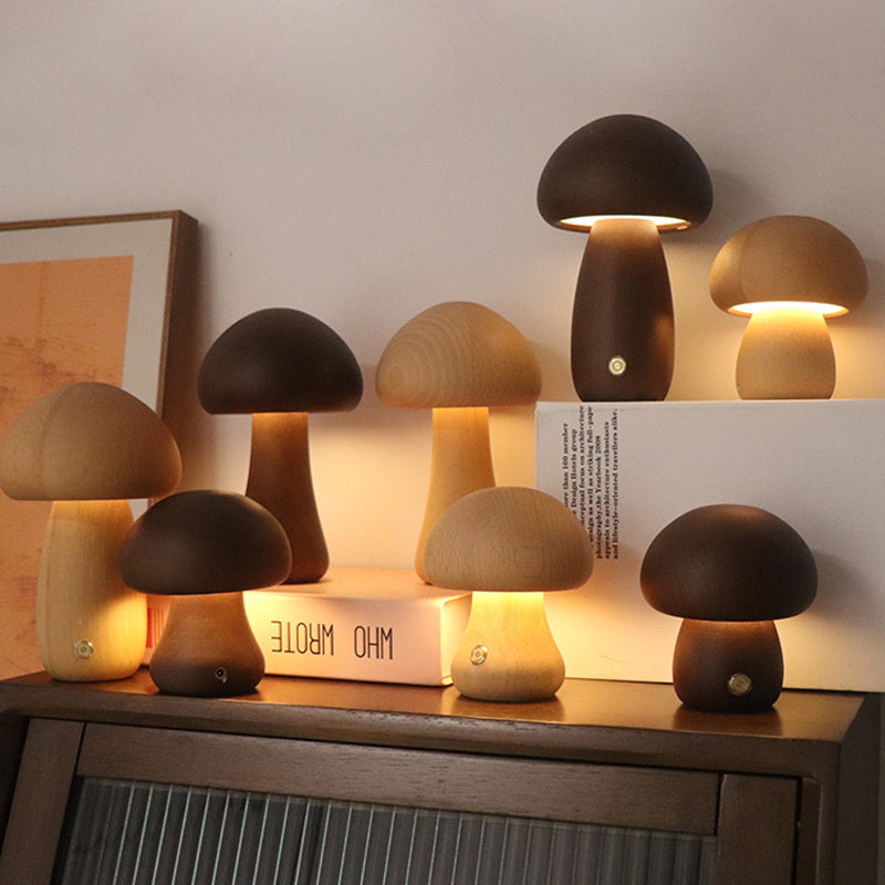 Lampe de table champignon en bois vintage