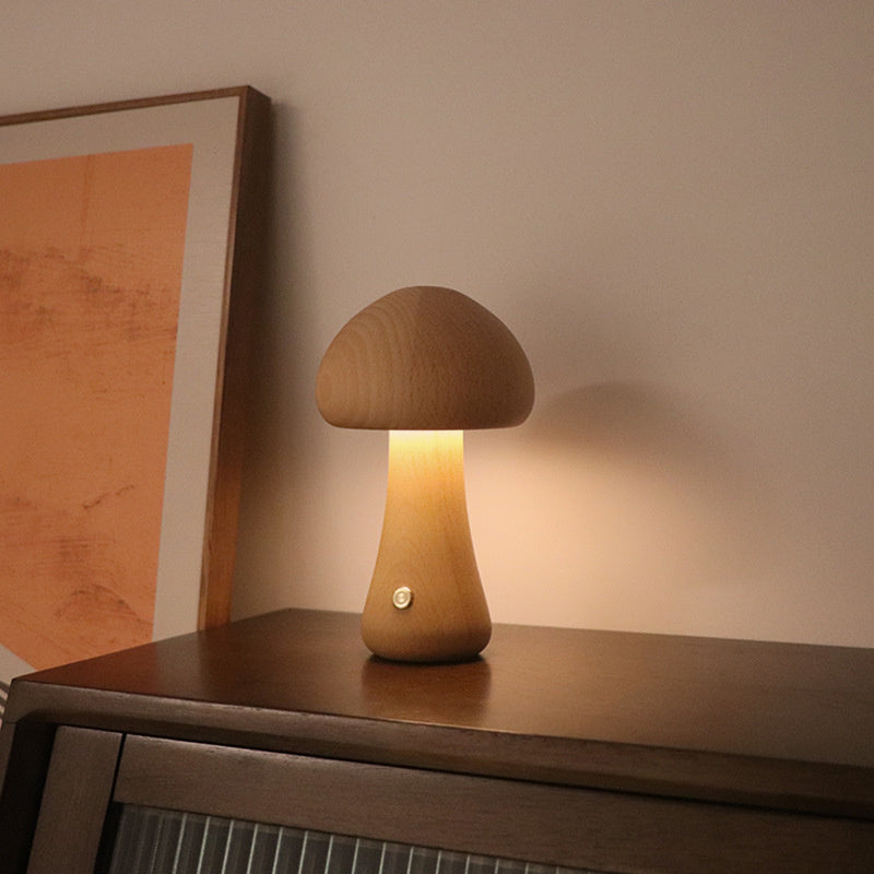 Lampe de table champignon en bois vintage