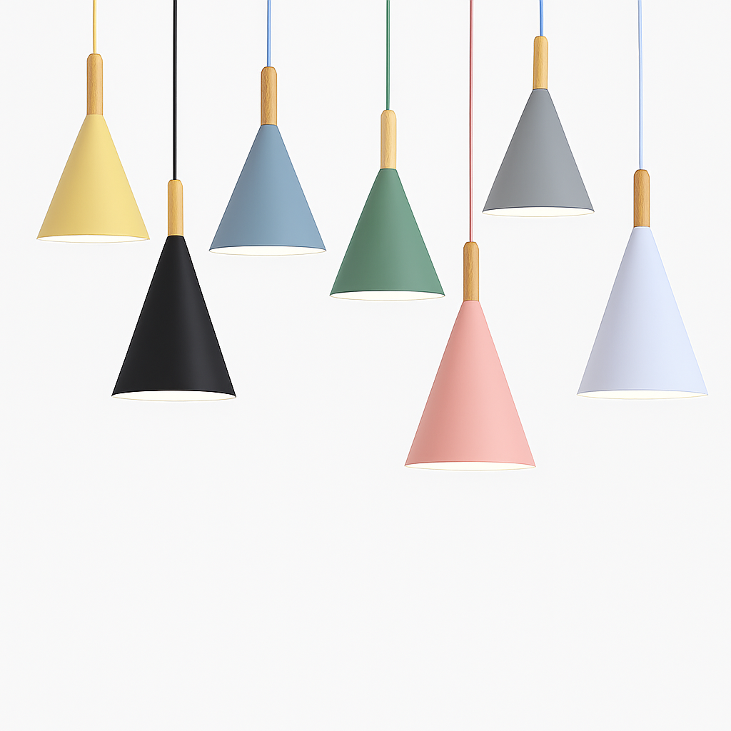 Suspension conique en métal coloré et bois